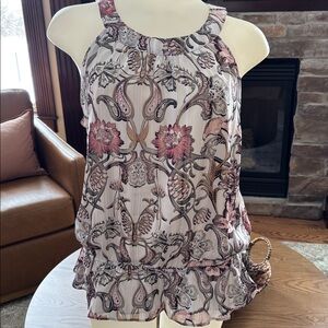 White House Black Market Floral Blouse - White and Pink Sz M